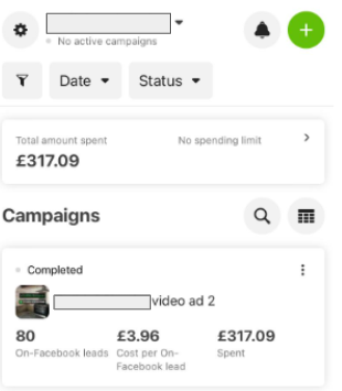 Campaign 1 results: 80 leads at £3.96 cost per lead